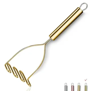 Gold Kartoffelstampfer, Edelstahl-Hochleistungs-Metall-Kartoffel-Reicer mit Titan-Vergoldung, Lebensmittelstampfer-Utensil, Handstampfer, Gemüse-Obst-Maische, Spülmaschinenfest (9,6 Zoll)
