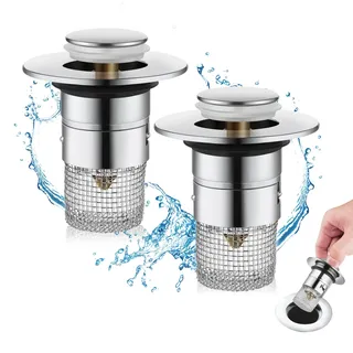 YUEYEQU 2 Stücke WaschbeckenstöPsel für 34-40mm Abfluss Ablauf, Edelstahl | Abflussstopfen Waschbecken mit Haarsieb, Universal Pop Up Abflusssieb Dusche schnell ablaufend füR Aufsatzwaschbecken(Silber)
