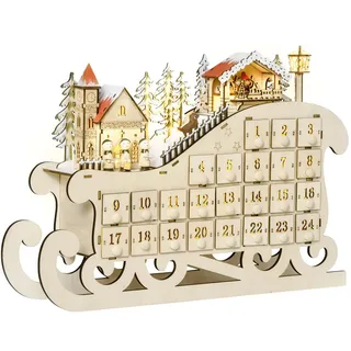 Homcom Adventskalender Weihnachtskalender 24 Schubladen mit LED Schlitten-From , Naturfarben , Holz , 10x31x45 cm , Dekoration, Weihnachtsdekoration
