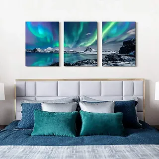 3er Nordlichter Kunstdruck Auf Leinwand,Bilder Aurora Borealis Natur Nordlicht Poster Wanddekoration,Grün Blau Sternenhimmel Natur Panorama Für Wohnzimmer Schlafzimmer Büro Ohne Rahmen (40 * 60cm)