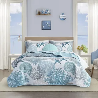 Tritard 3-teiliges Coastal Quilt-Set, California-King-Size-Größe, wendbare Mikrofaser-Steppdecken mit 2 Kissenbezügen, weich, leicht, Strand-Bettwäsche, nautische Tagesdecke, Sommerdecke für alle