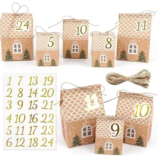 Adventskalender zum Befüllen Häuser 24 Boxen 3 Größen mit Zahlenaufklebern