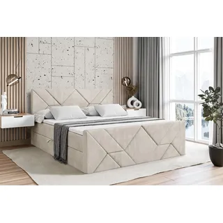 altdecor Boxspringbett mit Fußteil, H3 Matratze und Topper - 180x200 cm - BARWA-Z - Beige Samt - Polsterbett mit Bettkasten und Lattenrost, Bett mit Stauraum - Creme