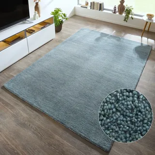 Wollteppich THEKO "Gabbeh Uni, Handgefertigt, meliert, auch als Läufer erhältlich, Wolle" Gr. 5, blau (hellblau, grau), B:200cm H:14mm L:200cm, Wolle, Teppiche, Wollteppich, Schlafzimmer, Wohnzimmer, Esszimmer, auch als Läufer oder rund