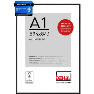DEHA Design Aluminium Bilderrahmen Boston, 59,4 x 84,1 cm (A1), Schwarz | Aluminium Posterrahmen im Hoch- & Querformat zum Aufhängen Schwarz matt bruchsicheres Kunstglas