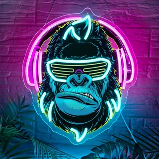 GGAQQ Cool Gorilla Neonschild für Wanddekor, Wild Tier mit Kopfhörern und Sonnenbrille, UV Design-LED-Licht USB-betrieben mit dimmbarem Schalter für Jugendzimmer Spielzimmer Schlafzimmer Wohnzimmer