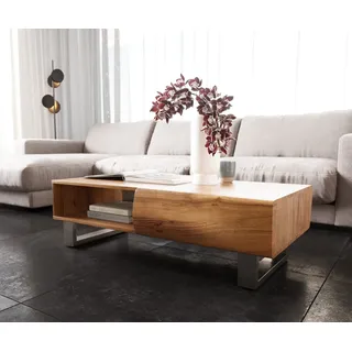DELIFE Couchtisch New Live-Edge 115x60 cm Akazie Natur 2 Schubladen 1 Fach Kufe Edelstahl gebürstet - Hellbraun, Braun