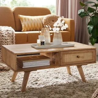 FineBuy Couchtisch 90cm Mango Massivholz / Rattan Wohnzimmertisch Rechteckig, Holztisch mit Stauraum, Sofatisch mit Schublade Massiv Rohrgeflecht - Braun