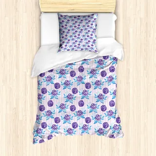 ABAKUHAUS Blumen Bettbezug Set für Einzelbetten, Abstrakte Rosen auf Streifen, Milbensicher Allergiker geeignet mit Kissenbezug, 135 cm x 200 cm - 80 x 80 cm, Baby Pink Sky Blue - Rosa