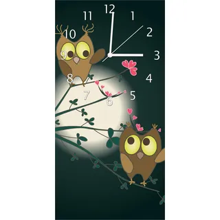 Wallario Design Wanduhr bedruckt, Größe 30 x 60 cm, Motiv: Süße verliebte Eulen auf dem Ast bei Nacht im Mondschein - Schwarz