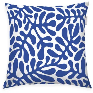 Herding Tom Tailor Renforcé-Kissenhülle, 40x40 cm, 100% Baumwolle/Renforcé, mit farbigem Reißverschluss, Organic Leaves Blau, Weiß (Cobalt)