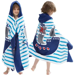 BANGSAUR Kinder-Badetuch mit Kapuze, 100% Baumwolle, 127x 76cm Wickel, Kinder, Kleinkinder, Mädchen, Jungen, 3–12 Jahre (Piratenschiff N)
