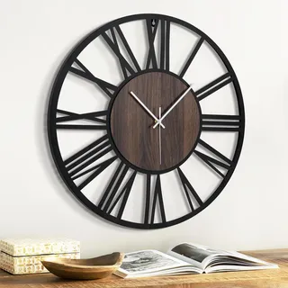Elzusha – Große Wanduhr, Holz und Metall, römische Ziffern, dunkles Holz, 40,6 cm