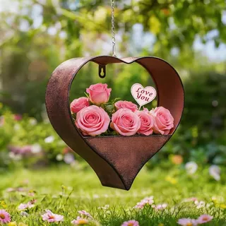 Yeomoo Metall Herzform Blumentopf Hängend Gartendeko für Draußen - Rost Pflanzkübel Deko für Garten Balkon Draussen Pflanzentopf Deko Wohnzimmer Hängetopf Geschenke für Frauen Mama Freundin Pflanztopf