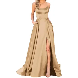 Abendkleid Damen Lang – Elegantes Ballkleid für Hochzeit, Jugendweihe & Abiball Satin Kleid mit A-Linie, Lange Brautjungfernkleider & Hochzeitsgast Kleider