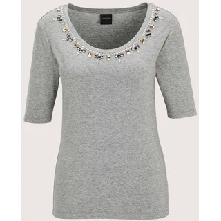 Kurzarmshirt MADELEINE "Shirt Elegantes Oberteil mit Schmucksteinen", Damen, Gr. 42, grau (graphit, melange), Obermaterial: 95% Viskose CV. 5% Elasthan EL., Modern, Shirts Kurzarmshirt