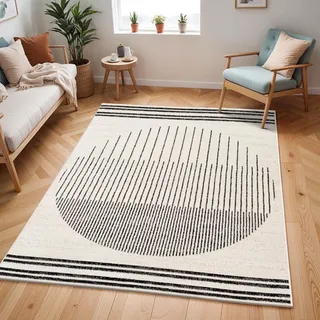 Livabliss Nairobi Wohnzimmer Boho, großer Schlafzimmer 140x200 cm - e für Esszimmer mit geometrischem Muster, Skandinavischer Wohnzimmer modern in Elfenbein, Schwarz, Creme