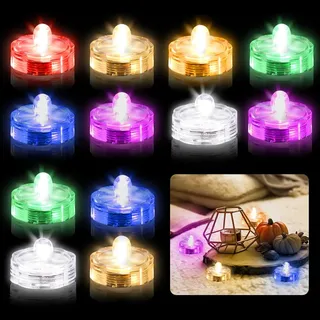 Editbar 12 Stück LED Kerzen Teelichter, LED Teelichter, Flammenlose Kerzen, Mini Unterwasser Wasserdichte LED-Lichter, LED Teichbeleuchtung Dekorative Lichter für Party, Hochzeit, Garten - Bunte Farbe