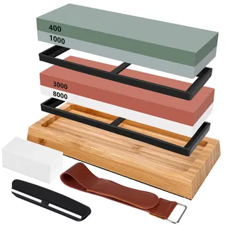 Schleifstein Set für Messer,Professional Schleifstein Set,400/1000 3000/8000 Doppelseitiger Abziehsteine,Mit Bambusbasis,Korrekturstein,Werkzeughalter,Lederstreifen