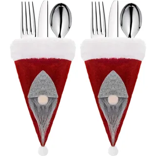 SPRINGOS Bestecktasche,Rot, 2 Stück, 18 x 10 cm, Zipfelmütze mit Pompon, Weihnachtszwerg mit Bart, skandinavischer Zwerg, Tischdeko, Geschirr, Weihnachten - Rot