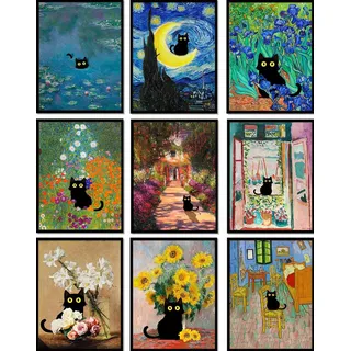 9 Stück lustige schwarze Katze Wandkunst Berühmte Ölgemälde Floral Matisse Monet Van Gogh Poster Drucke Vintage Galerie Wanddekoration Bilder Funky adrett ästhetische Raumdekoration für Schlafzimmer