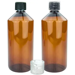 Devitre 2 braune Laborflaschen 1000 ml Kunststoff mit Deckel Messbecher und Etiketten