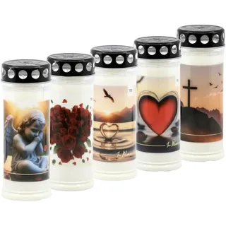 Horeca Candles - Grabkerzen 7 Tage Brenndauer - 5er Set Grablicht mit Deckel - Weiß Wachs - Trauerkerzen mit Motiv - Friedhofskerze für Grabdeko