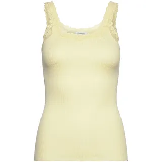 Spitzentop ROSEMUNDE "Babette Silk Top", Damen, Gr. M, gelb (zartgelb), Feinripp, Obermaterial: 70% Seide, 30% Baumwolle, unifarben, körpernah hüftbedeckend, Rundhals, Tops Spitzentop, umgedrehter Vintage-Spitzenbesatz, feminin, bequem, Seidenmix