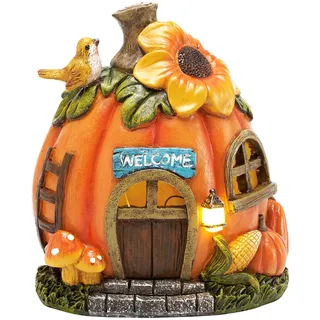 TERESA'S COLLECTIONS Gartendeko für Draußen, Wetterfeste Herbstdeko Kürbishaus mit Solarleuchte aus Kunstharz,Herbst Deko Outdoor,Halloween Deko,Solar Herbst Deko, 20cm