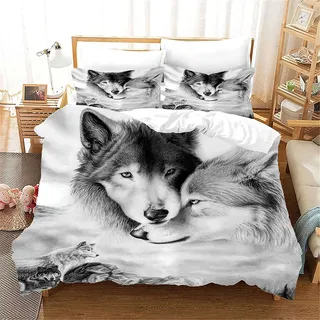 CXYXHW Bettwäsche-Set Wolf 3D Tier Serie Print Musterdesign mit Reißverschluss,Motiv Wolf dreiteiliger Bettbezug Set Microfaser (A, 200x200cm)