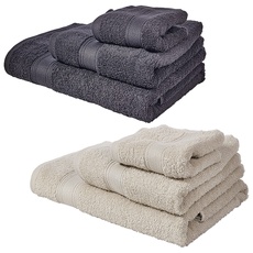 JUEGO DE 6 TOALLAS DE BAÑO: beige y gris: toallas de cortesía 30X50; de lavabo 50X90; de ducha 70X140 cm; 450 gr/m2 100% algodón