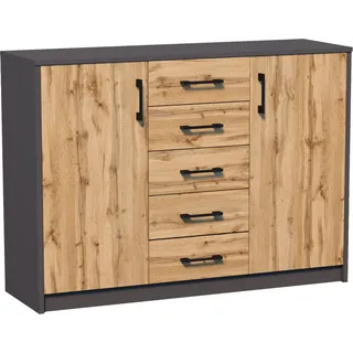 Kommode mit 5 Schubladen und 2 Türen in matter Ausführung, Kommode 110cm breit Holz Schrank Sideboard Highboard Kommode mit Schubladen graphit Eiche - Grau, Braun