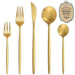 Bestdin Besteck Set 12 Personen, 60 teilig Edelstahl Besteckset Gold Matt, Essbesteck Set mit Messer Gabel Löffel, Hochwertiges Edelstahlbesteck, Spülmaschinenfest.