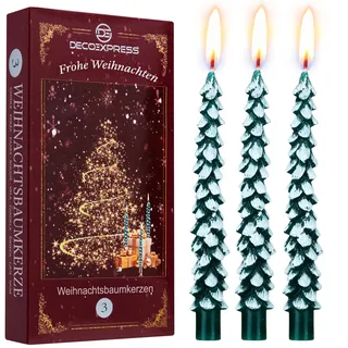 Deco Express Kerzen Set Weihnachten Deko 3er oder 6er Pack Wachs Deko Kerzen im Weihnachtsbaum Motiv 7h Brenndauer Ideal Zum Verschenken (Grün/Weiß, 3 Stück)
