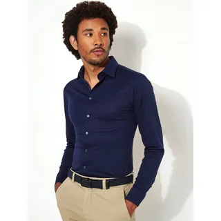Langarmhemd DESOTO "Jerseyhemd Casual Kent langarm", Herren, Gr. M, N-Gr, blau (solid schwarz navy), Jersey, Obermaterial: 100% Baumwolle, slim fit, Manschette, Hemden Langarmhemd, Flexibler Stretch