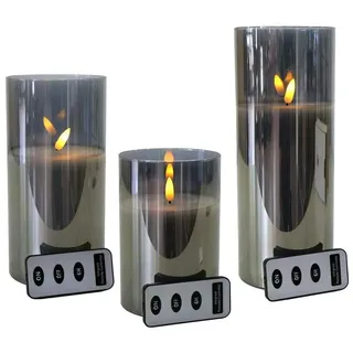 Klocke Dekorationsbedarf LED Kerzen im Glas - mit Fernbedienung & Timer - ⌀ 10 cm - Realistische & Flackernde Flamme - Weihnachten Kerzenset (Grau, 3er Sparset)