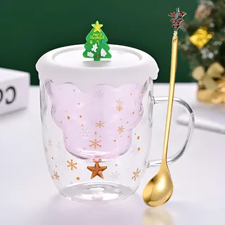 Syfunlv Süße Weihnachtstasse Geschenk, Weihnachten Doppelwandige Glastassen mit Deckel&Löffel,Espressotasse Weihnachten Grinch Tasse, Teegläser, Milchtasse, Weihnachtsbaum Kaffeetassen (Stil 7)