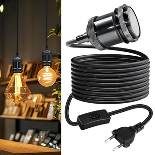 Vintage Messing Hängelampe mit Stecker, 5M Schwarz Dicken Runden Kabel Hängeleuchte,Modern Industrielle Pendelleuchte Kit mit Schalter,Perlenschwarz Kupfer E27 Lampefassung, für Bar,Ohne Glühbirne