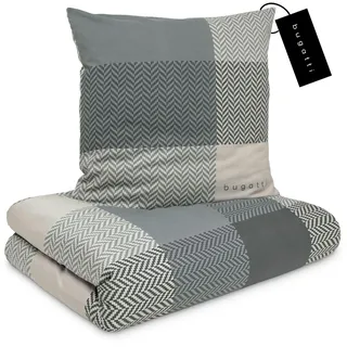 bugatti 2in1 Bettwäsche 155x220 cm - 100% Baumwolle Satin-Flanell Kombibettwäsche, Reißverschluss, anschmiegsam, weich & waschbar, Bettbezug grau Karo