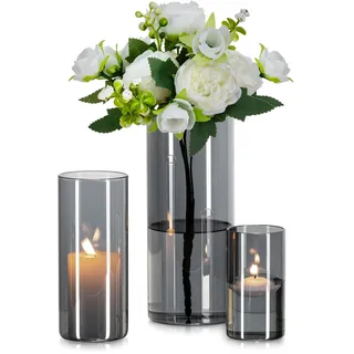 Glasseam Glasvase Zylinder Vase Grau: 3 Stück Glas Vasen Set für Wohnzimmer Deko Glaszylinder Windlicht - Runde Blumenvase Modern Glasvasen für Tischdeko Tulpen Pampasgras (10/15/20cm)