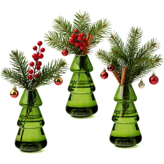 XXXFLOWER Kleine Glasvasen 3 Stück Set Kleine Vasen für Tischdeko Weihnachten Hochzeit - Vintage Stil Deko Vase in Tannenbaumform - Mini Glasvase Blumen Tisch,Grün