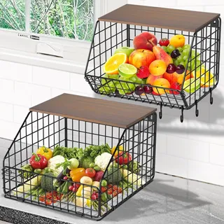 YADOBIG 2 Stück Obstkorb Hängend, Metall Hängender Obstkorb für Küche mit Holzdeckel mit 4 Haken, Stapelbar und Wandmontierbar Obstschale zur Aufbewahrung von Obst Gemüse, Schwarz, 1 Große 1 Kleine