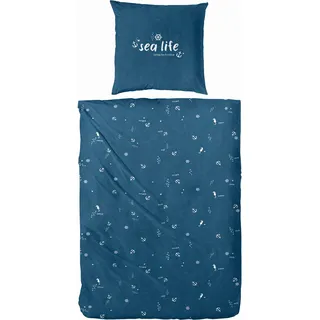 Bettwäsche PRIMERA "Sealife", blau (blau, weiß), B/L: 155cm x 220cm, 1 Stk., 1 Stk., Perkal, B/L: 80cm x 80cm, 2 Stk., Perkal, Obermaterial: 100% Baumwolle, Bettwäsche, Bettwäsche, mit maritimen Motiven