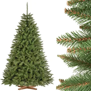 FairyTrees Weihnachtsbaum künstlich 220cm FICHTE Natur mit Christbaum Holzständer | Tannenbaum künstlich mit grünem Stamm |  EU - Grün