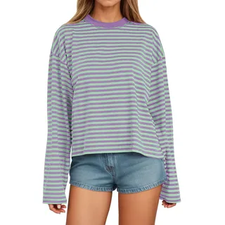 Gestreiftes Langarmshirt Damen Oversize Longsleeve Kurz Rundhals Sweatshirt Pullover Langarm überschnittene Schulter Shirts Basic Oberteile Locker Y2K Ringelshirt Leichte Shirt Tops Streetwear
