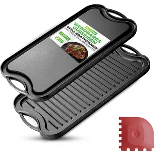 NutriChef Grillplatte, 50,70x25.68cm- Plancha Grillplatte, Grillpfanne- aus Gusseisen mit Glatter & Geriffelter Seite, Bratplatte- für Elektro, Gas & Keramik, Ofen, BBQ, Gasgrill, Antihaftbeschichtet
