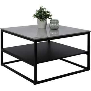Hela Tische, Couchtisch Hugo, quadratisch Tischplatte Sintered Stone Grau glänzend (Marmoroptik), Metall Rahmengestell Schwarz, großer Ablageboden, Maß 70x70cm
