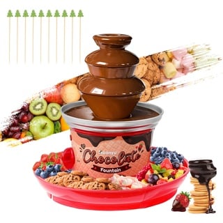 Huanyu Huanyu 3-Tier Mini Schokoladenbrunnen Maschine 10 Bambus-Spieße abnehmbare Tablett 450g Schokolade Fondue-Brunnen für Party Geburtstag Hochzeit Schokolade Nacho Käse BBQ-Sauce Liköre (Rot)