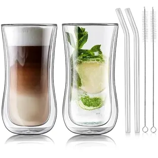 Joeyan 400ML Doppelwandige Kaffeegläser, 2er Set Latte Macchiato Gläser, Groß Borosilikatglas Cappuccino Tassen, Durchsichtig Teebecher,Thermogläser für Milch Saft Eistee Iced Americano Getränke Bier
