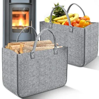 2 Stück Filztasche Kaminholztasche aus Filz Kaminholzkorb Filztaschen Einkaufskorb Brennholzkorb Feuerholzkorb für Filzkorb, Shopper, Holz, Zeitungen, Einkaufstasche, Große Faltbarer Tragbare (Grau)